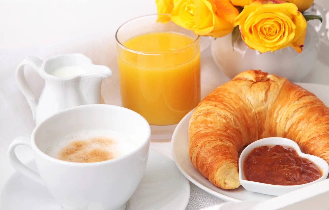 Photo wallpaper coffee, roses, Breakfast, croissant