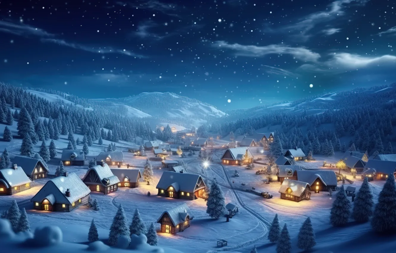 Photo wallpaper winter, snow, night, New Year, village, Christmas, houses, house