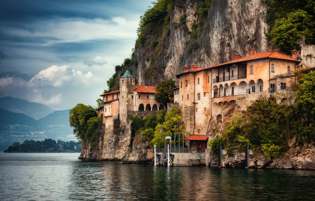 Photo wallpaper rock, lake, Italy, the monastery, Italy, Leggiuno, Lombardy, Maggiore