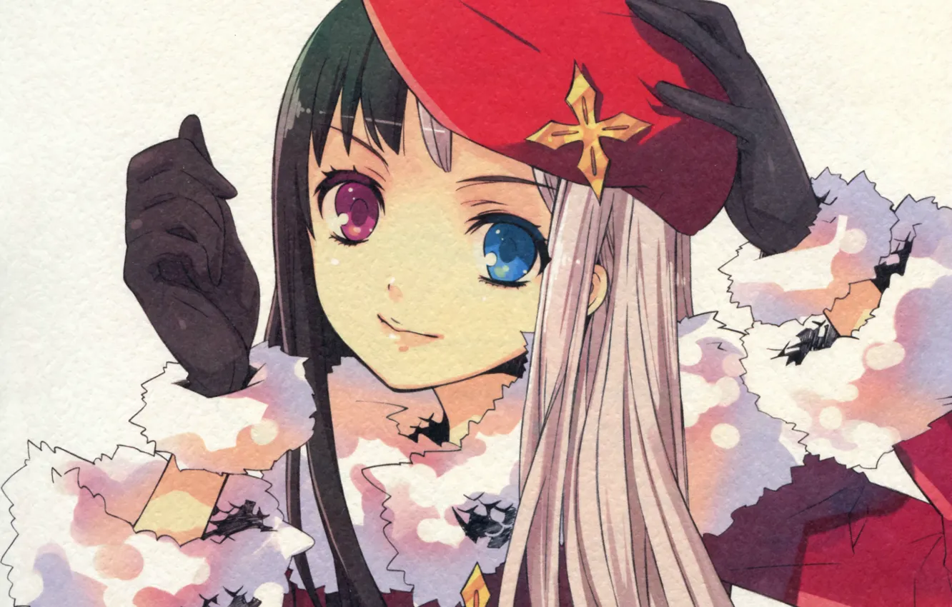 Photo wallpaper smile, girl, gloves, fur, takes, art, different eyes, noizi ito