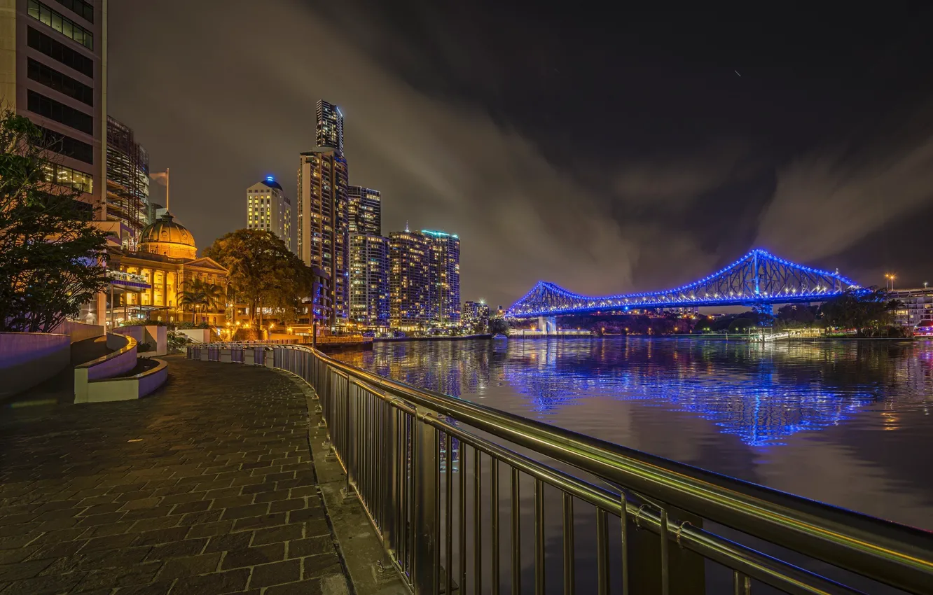 Photo wallpaper night, lights, river, skyscrapers, Australia, megapolis, Brisbane, QLD
