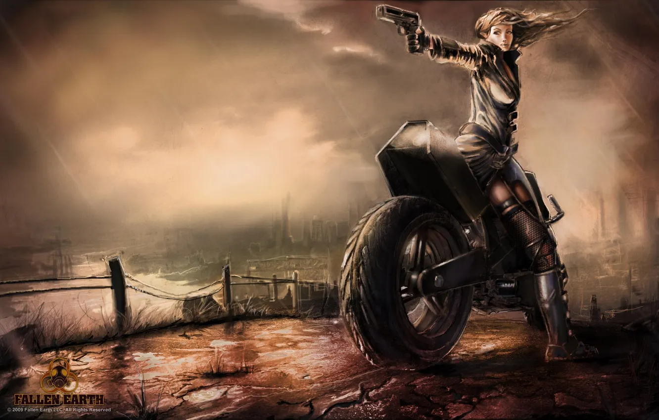 Photo wallpaper girl, the game, motorcycle, Fallen Earth, twilight. rain