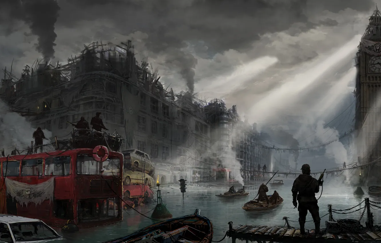 Photo wallpaper river, big ben, London, England, United Kingdom, post-apocalyptic