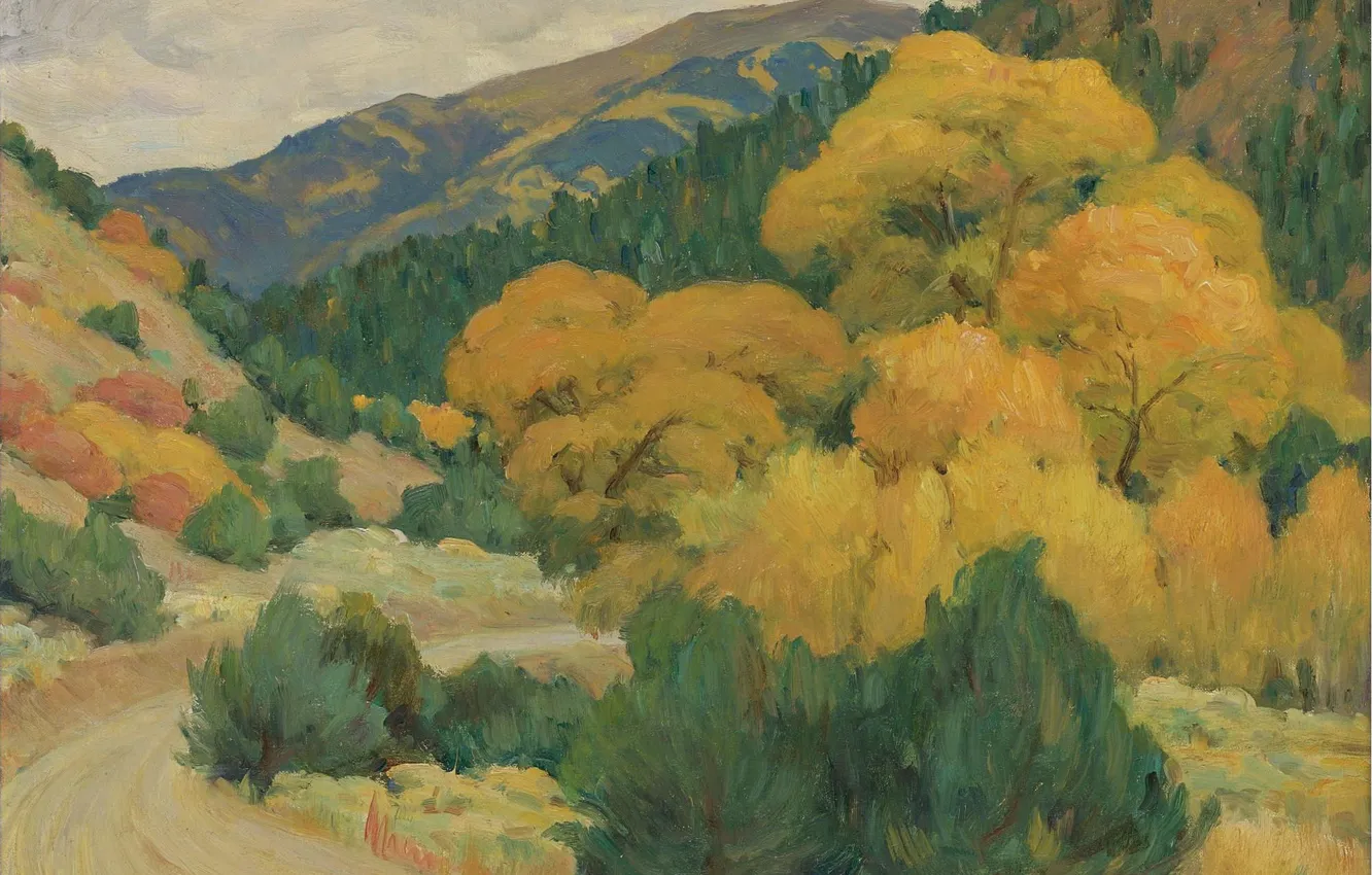 Photo wallpaper autumn, trees, picture, Joseph Henry Sharp, Joseph Henry Sharp, Landscape near Taos