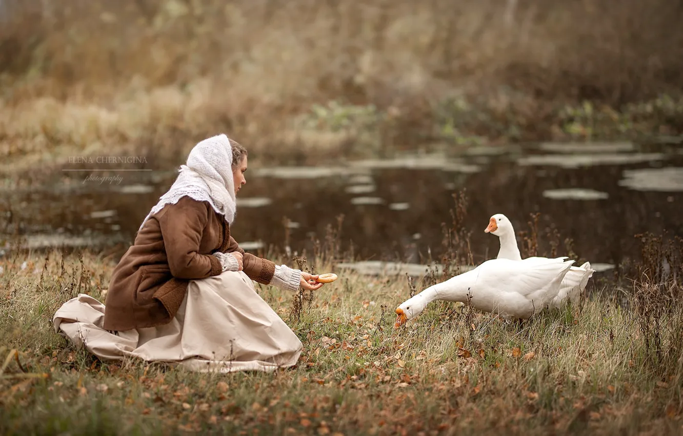 Photo wallpaper nature, woman, geese, Elena Chernihiv
