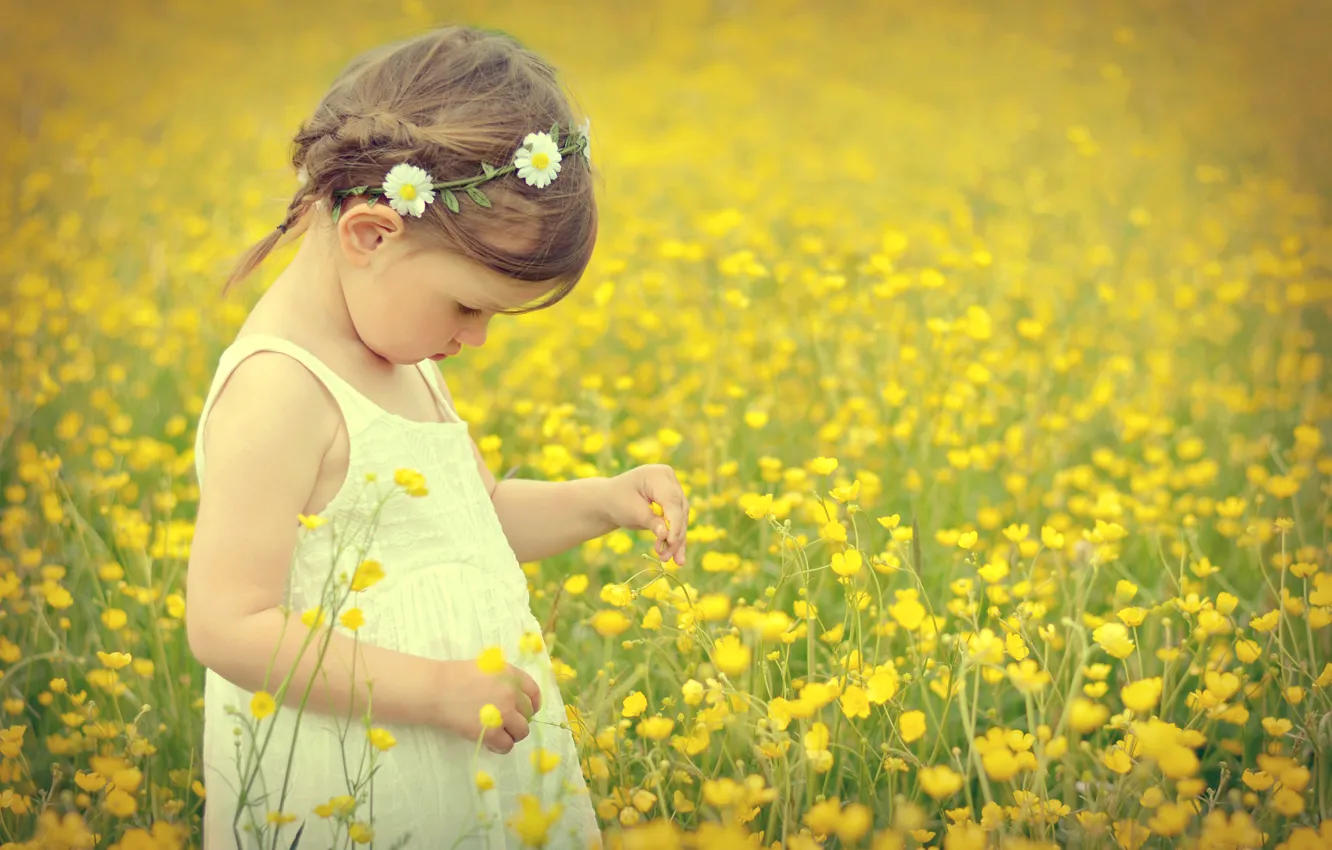 Photo wallpaper field, flowers, child, girl, field, flowers, child, little girl