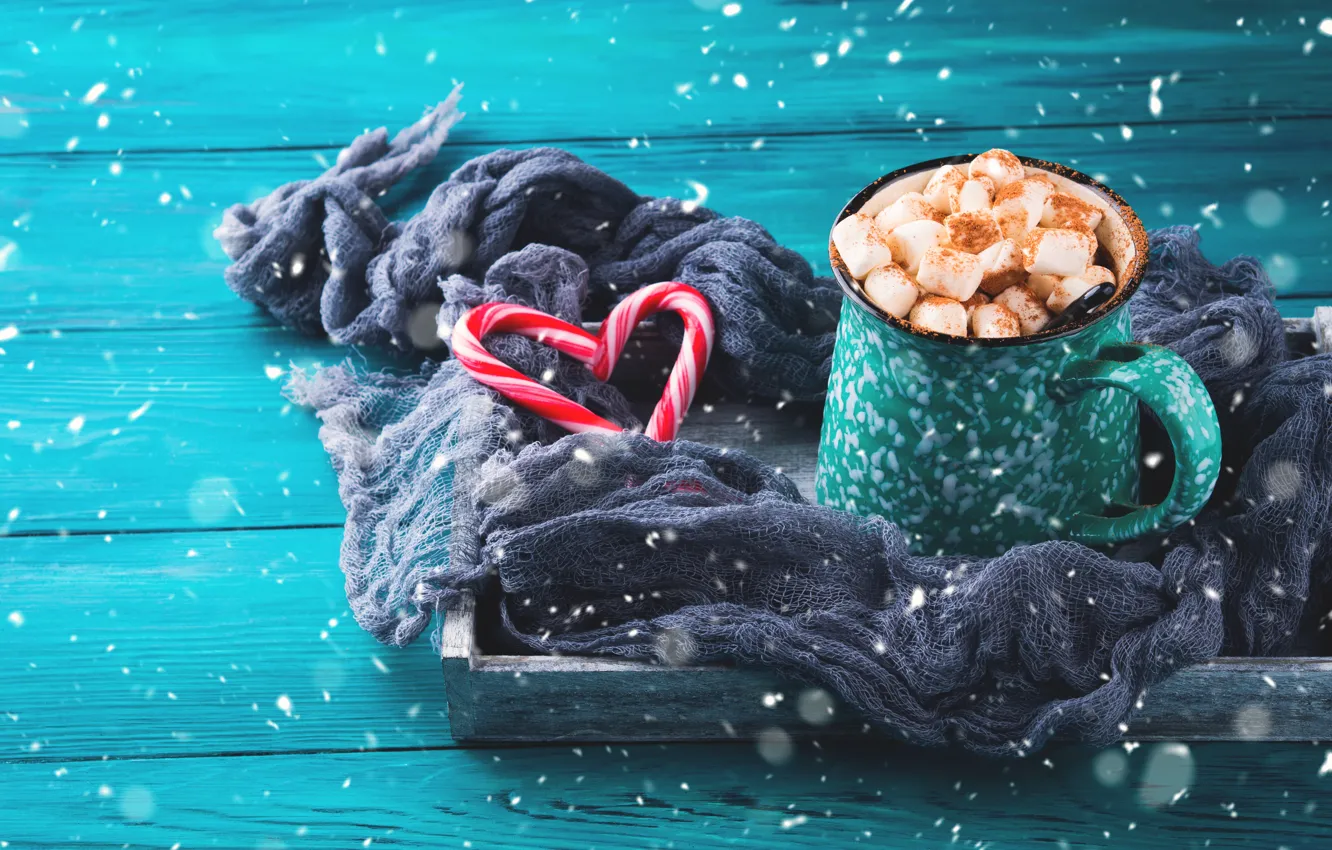 Photo wallpaper winter, candy, hot, tray, scarf, chocolate, marshmallows