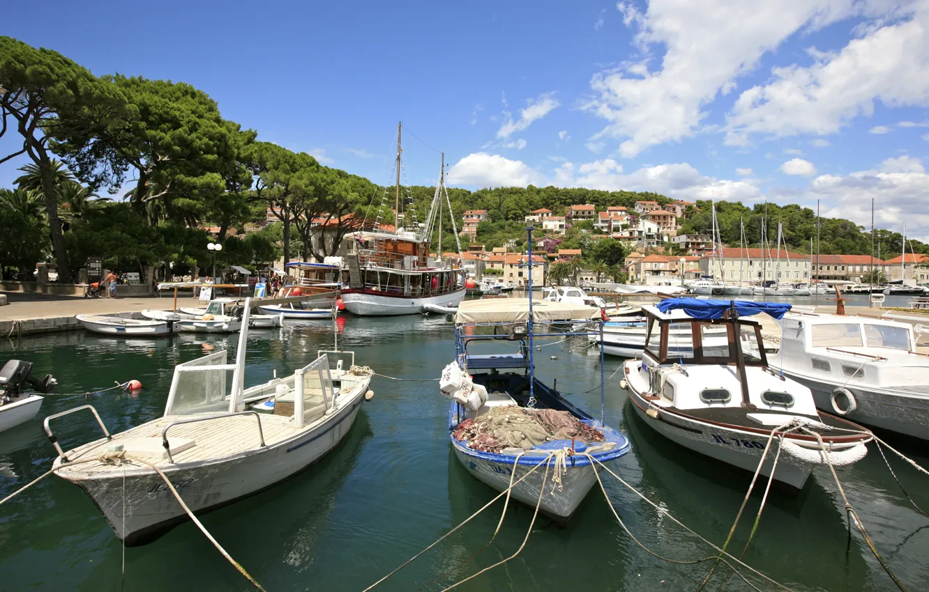 Photo wallpaper sea, the city, island, Marina, boats, Croatia, Adriatica, Jadran