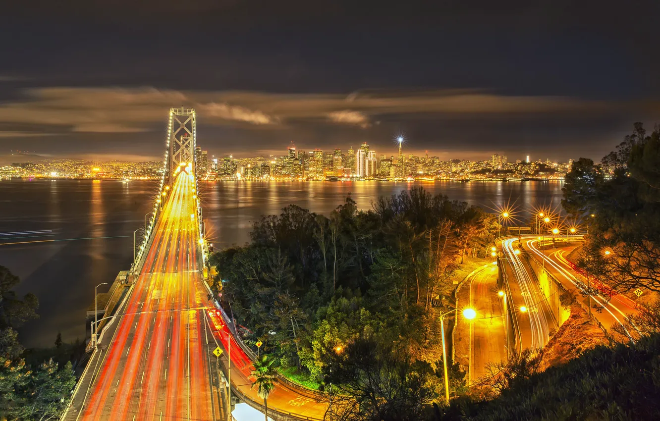 Photo wallpaper clouds, trees, night, bridge, the city, lights, Strait, shore