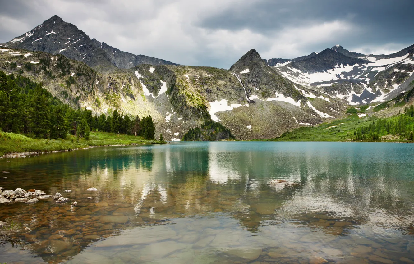 Photo wallpaper mountains, forest, pond, great