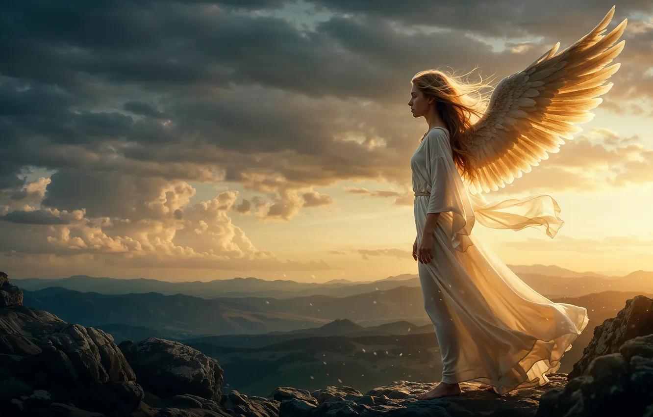 Photo wallpaper the sky, girl, clouds, light, mountains, fog, height, wings