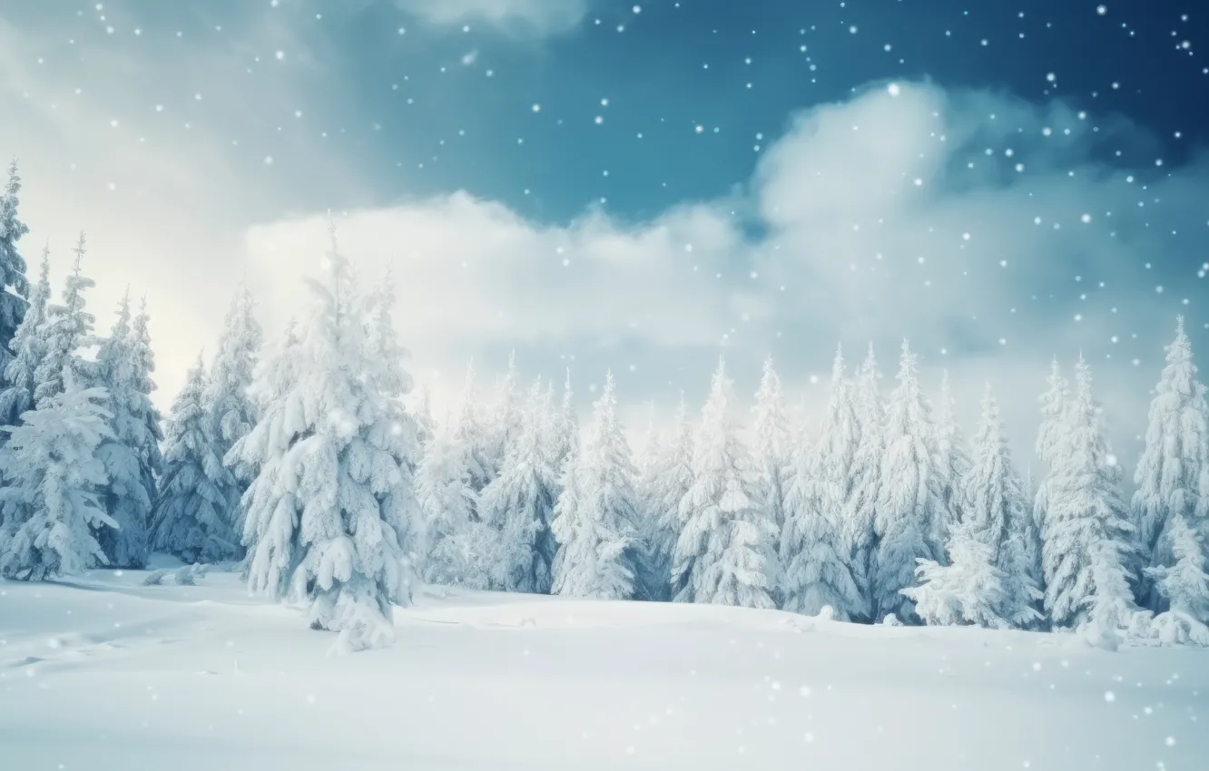 Photo wallpaper winter, frost, forest, the sky, clouds, snow, landscape, nature