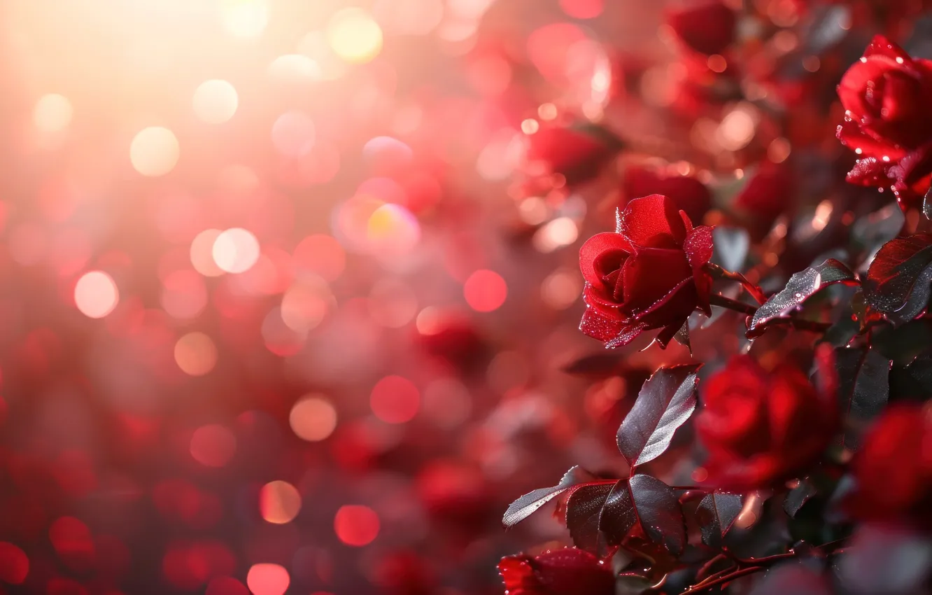 Photo wallpaper flowers, red, roses, bouquet, bokeh, AI art