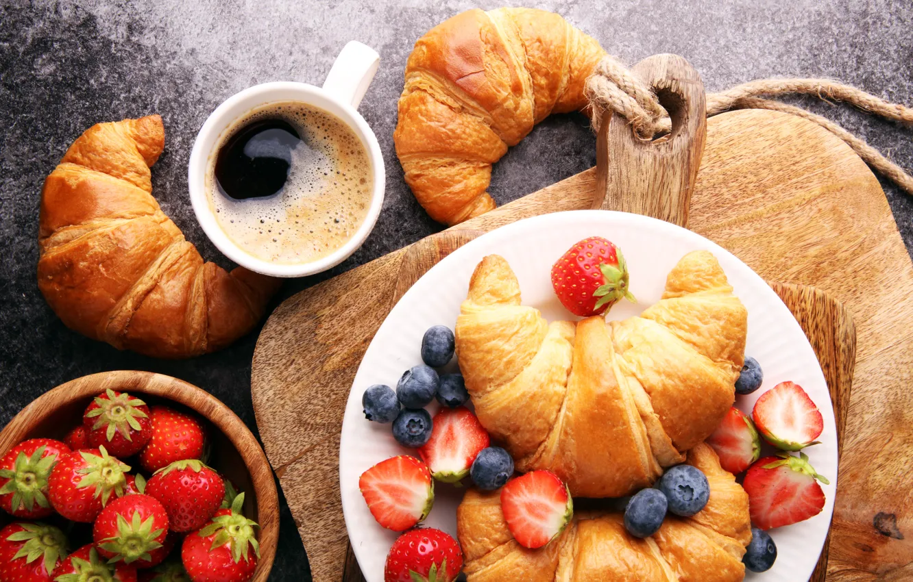 Photo wallpaper berries, coffee, Breakfast, strawberry, coffee cup, strawberry, breakfast, croissant