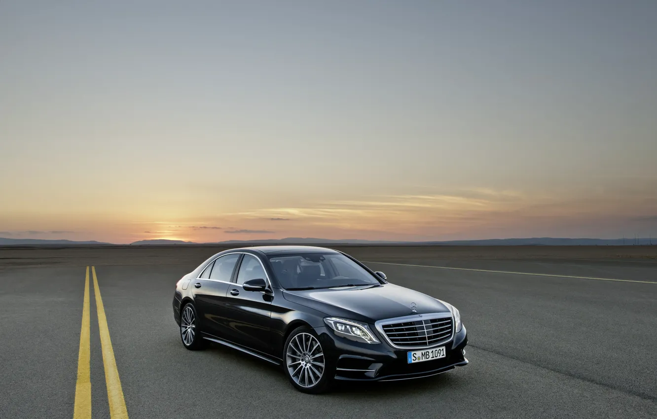 Photo wallpaper Sunset, Road, Black, Mercedes, S-class, Diodes, The flagship