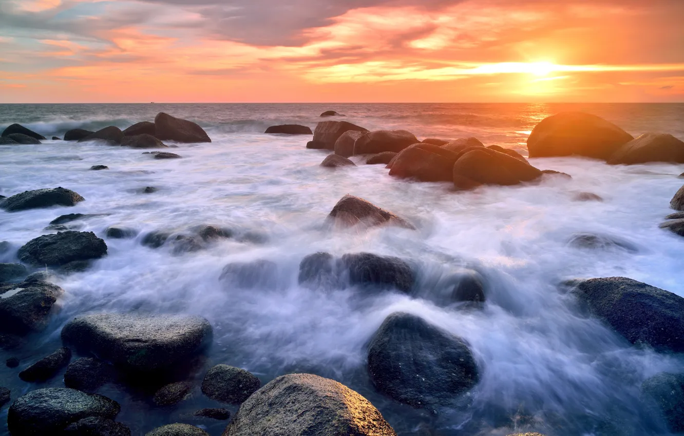 Photo wallpaper sand, sea, wave, beach, summer, the sky, sunset, stones