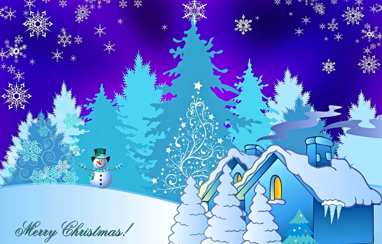 Photo wallpaper winter, snow, house, holiday, tree, Christmas, snowman, snowflake