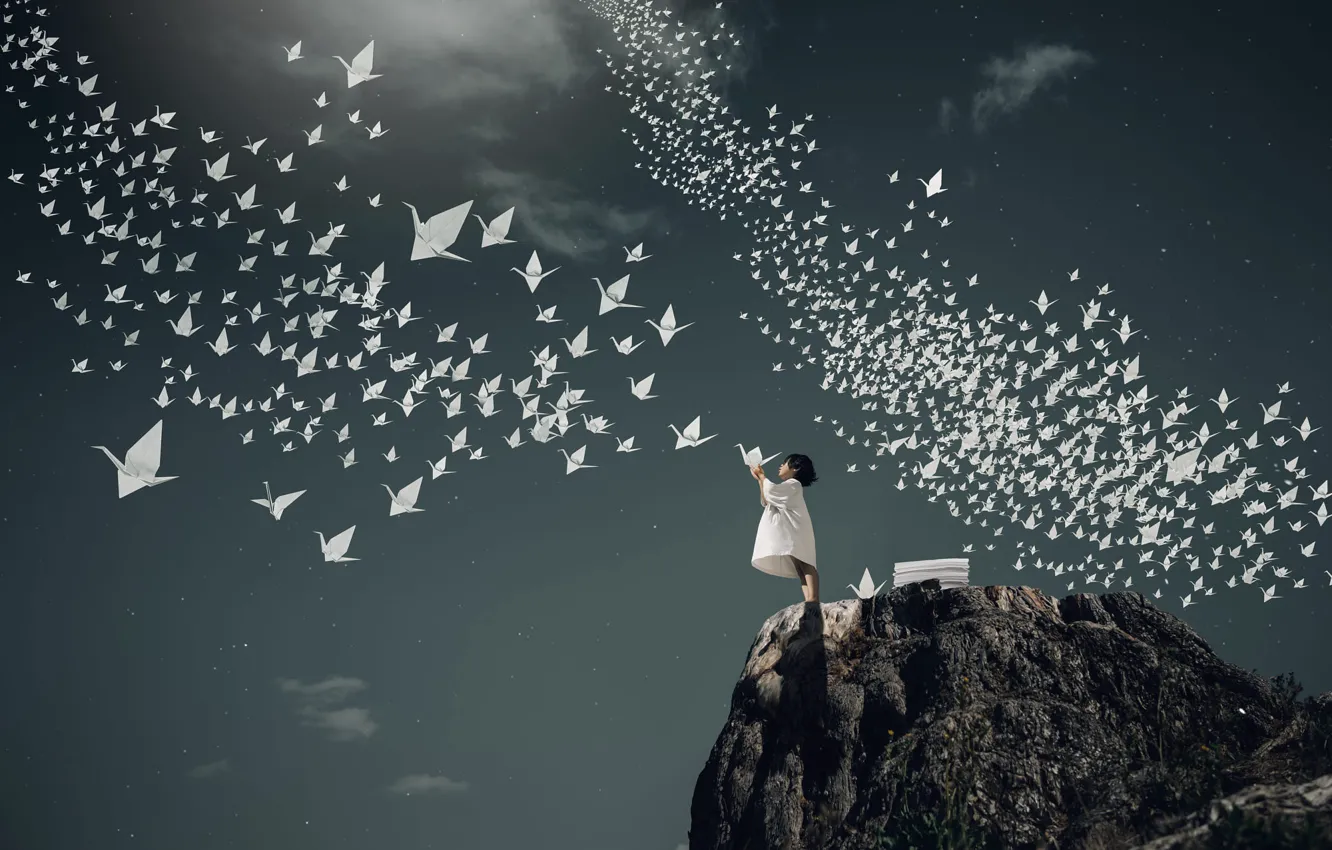 Photo wallpaper dream, flight, mountains, children, pose, paper, rendering, rocks