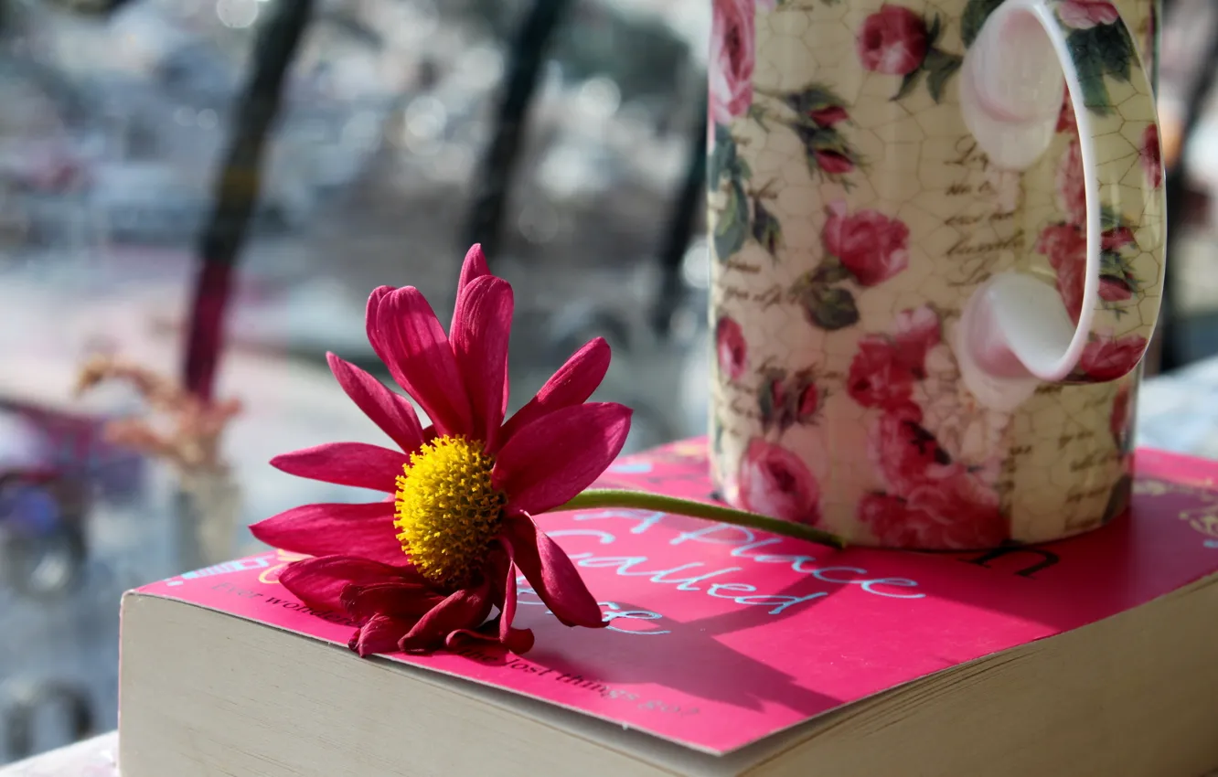 Photo wallpaper flower, photo, petals, mug, Cup, book, pink