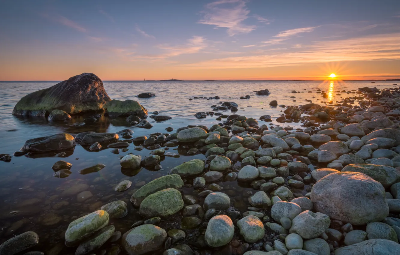 Photo wallpaper sea, sunset, stones, coast, Sweden, Sweden