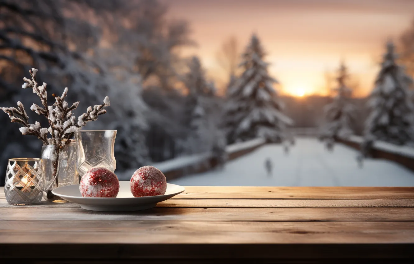 Photo wallpaper snow, balls, new year, Christmas, Christmas, balls, winter, snow