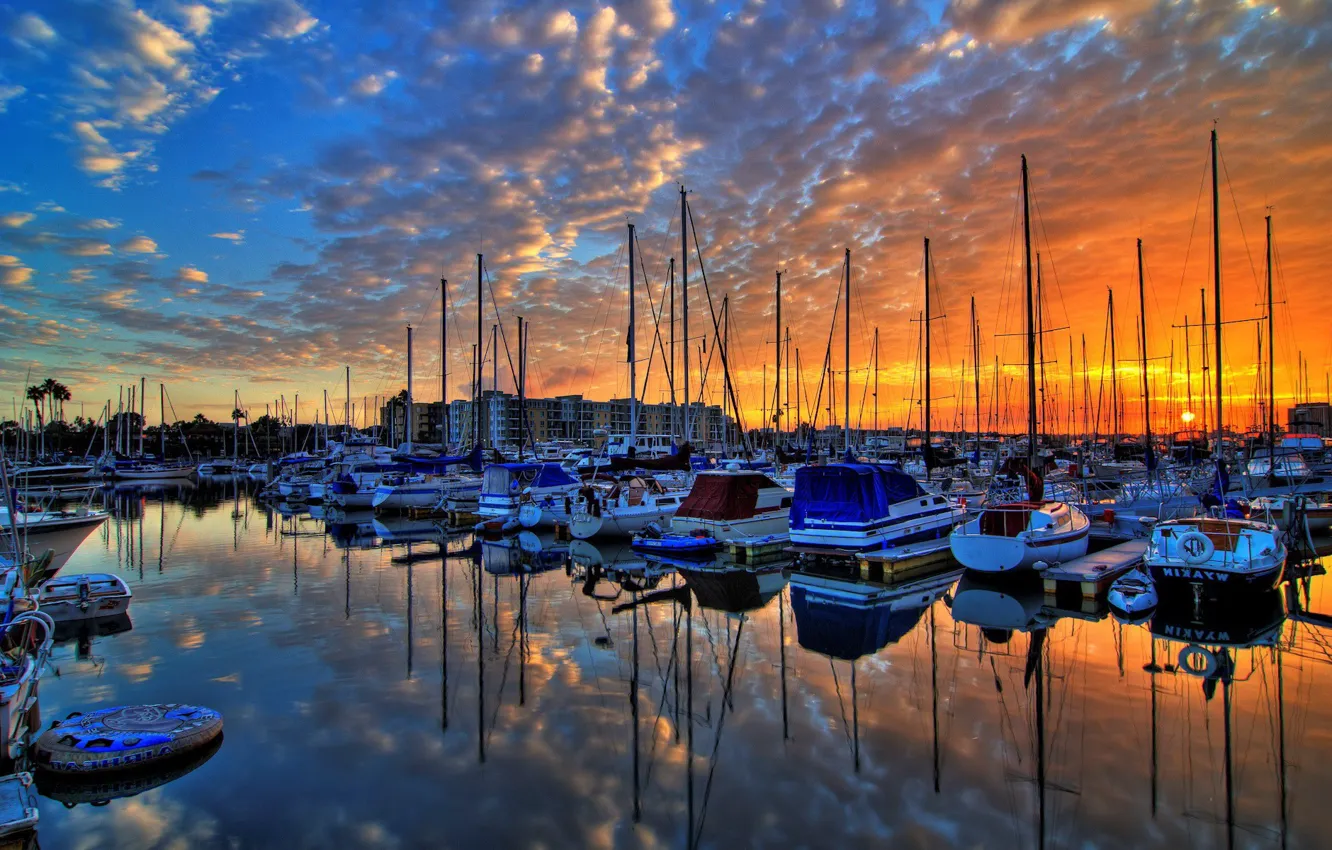 Photo wallpaper the sun, clouds, reflection, yacht