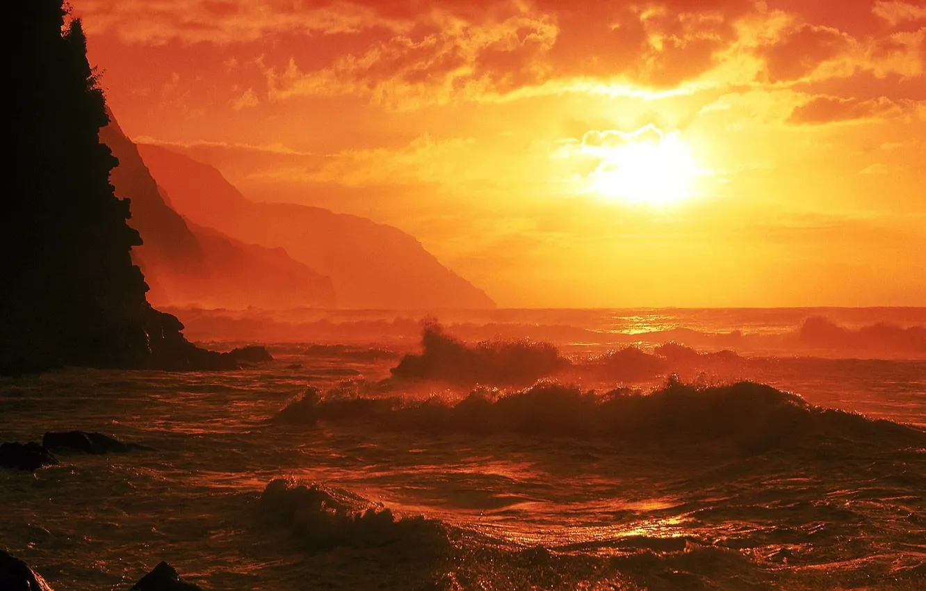 Photo wallpaper sea, wave, Sunset