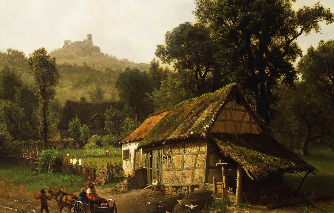 Photo wallpaper landscape, house, picture, wagon, Albert Bierstadt, In The Foothills