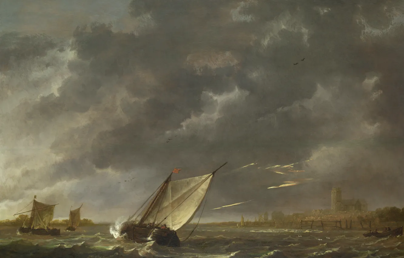 Photo wallpaper landscape, picture, sail, The Albert Cuyp, Aelbert Cuyp, "Maas" in Dordrecht in a storm