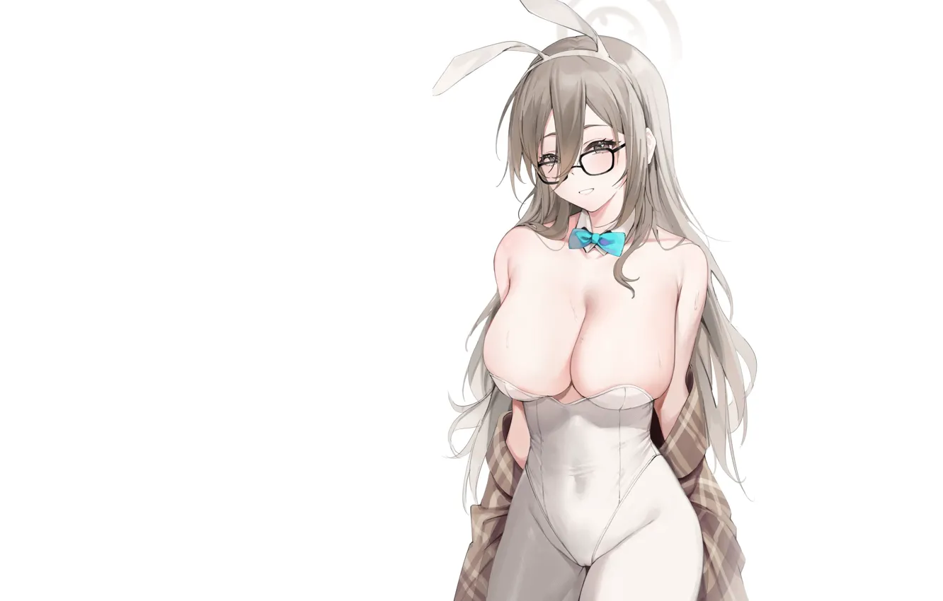 Photo wallpaper girl, white, sexy, boobs, anime, pretty, glasses, babe