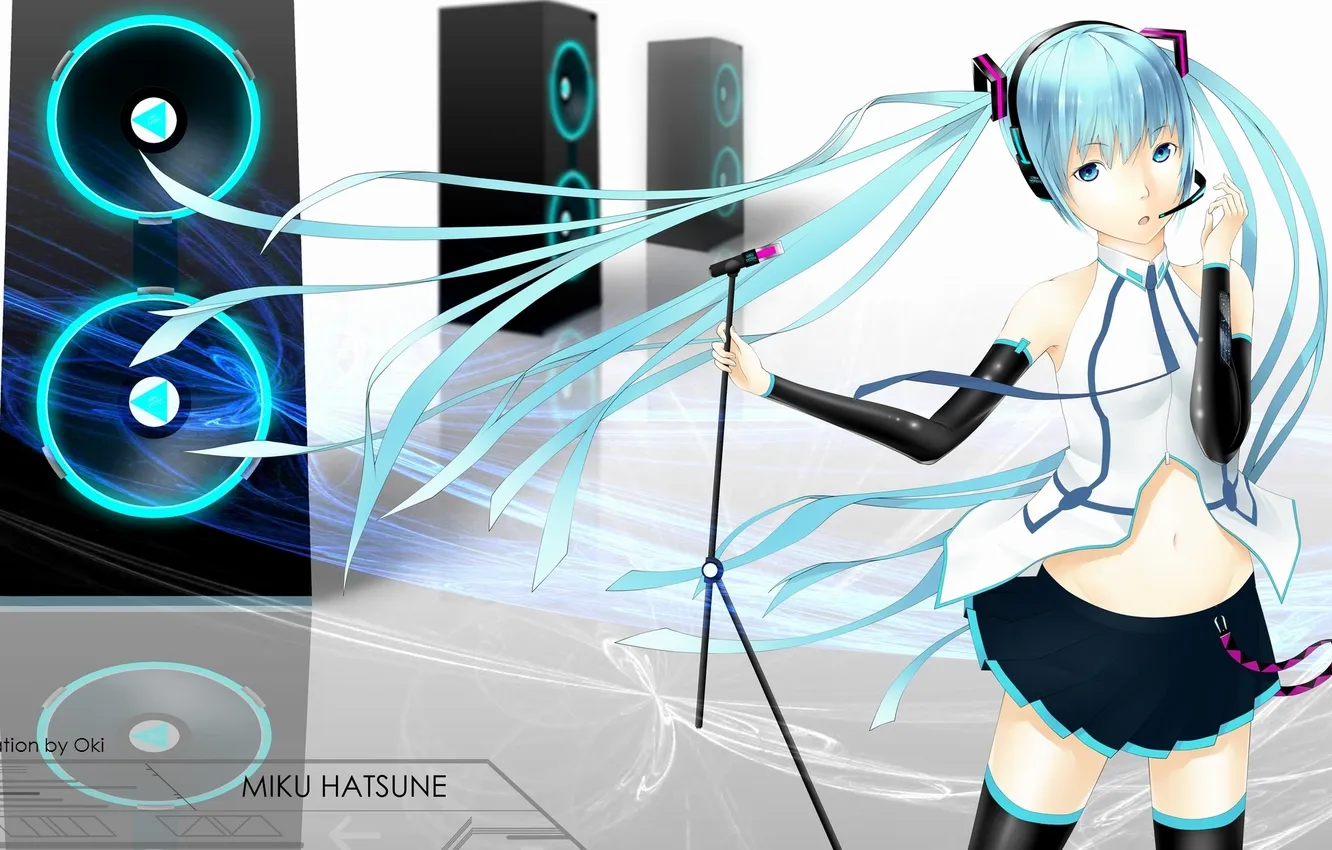 Photo wallpaper look, girl, music, speakers, microphone, vocaloid, hatsune miku, Vocaloid