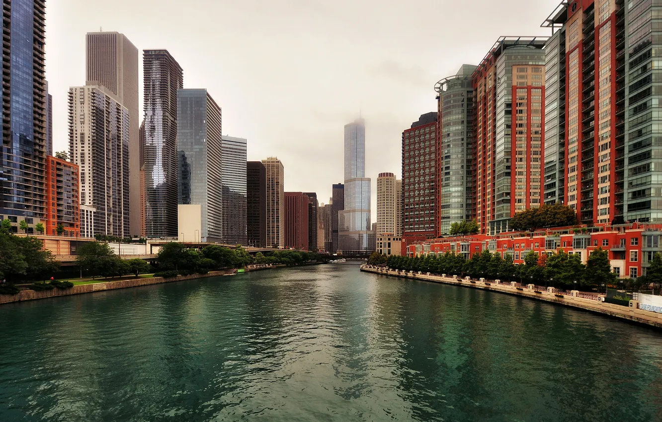 Photo wallpaper river, building, skyscrapers, Chicago, channel, America, Chicago, america