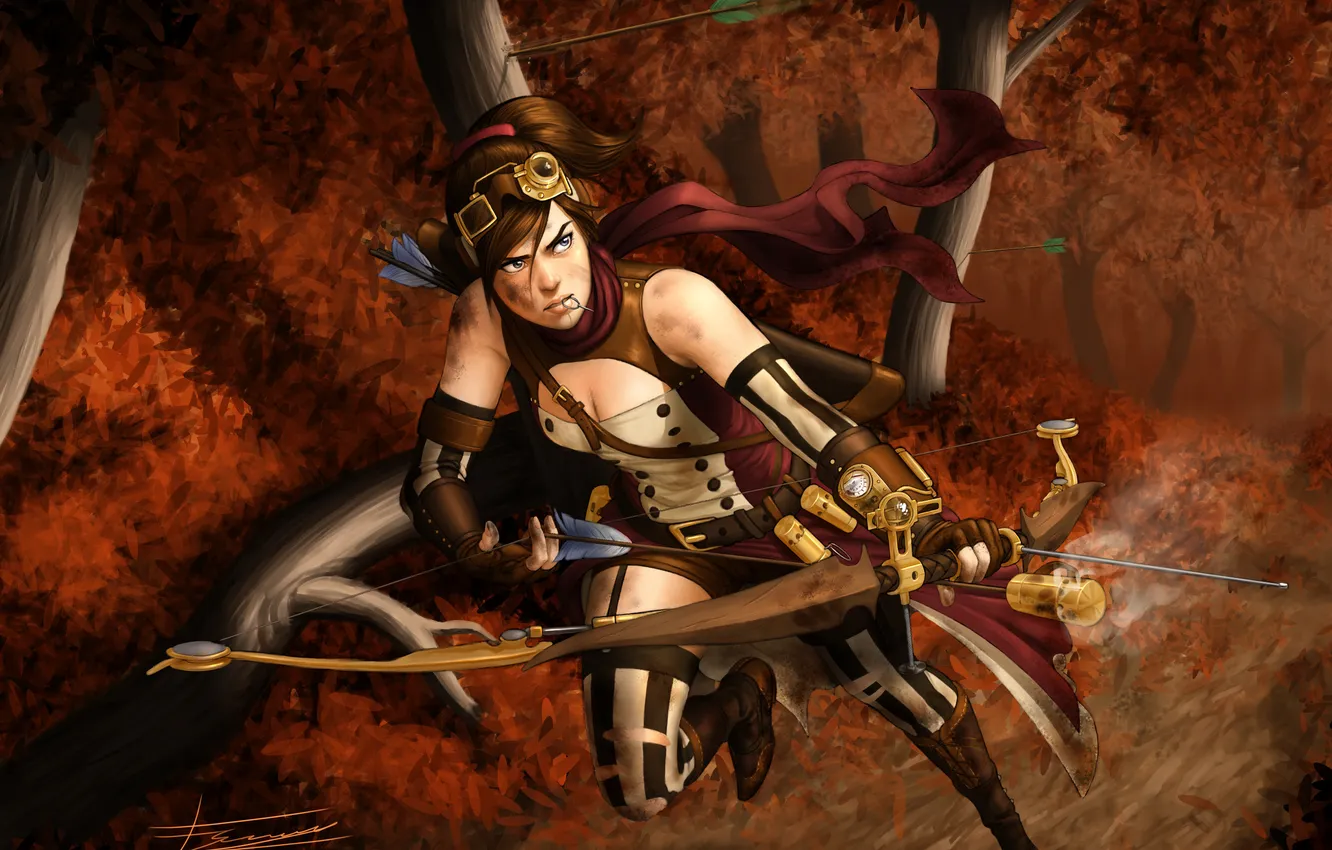 Photo wallpaper look, girl, trees, fiction, bow, Archer, art, arrows