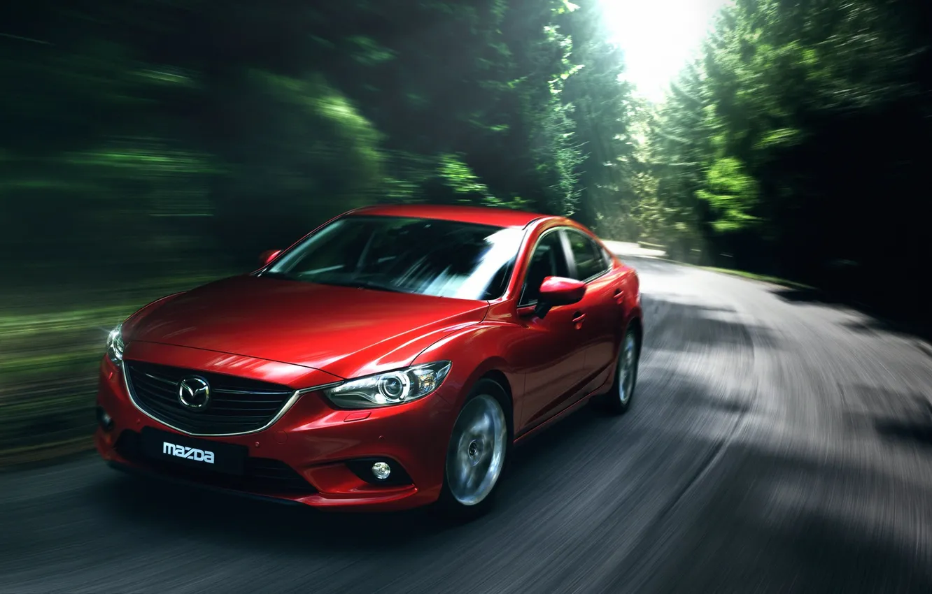 Photo wallpaper car, green, Mazda 6, road, blur, Sedan, Motion, 2014