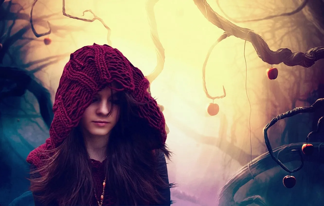 Photo wallpaper girl, trees, red, background, mood, Wallpaper, apples, hood