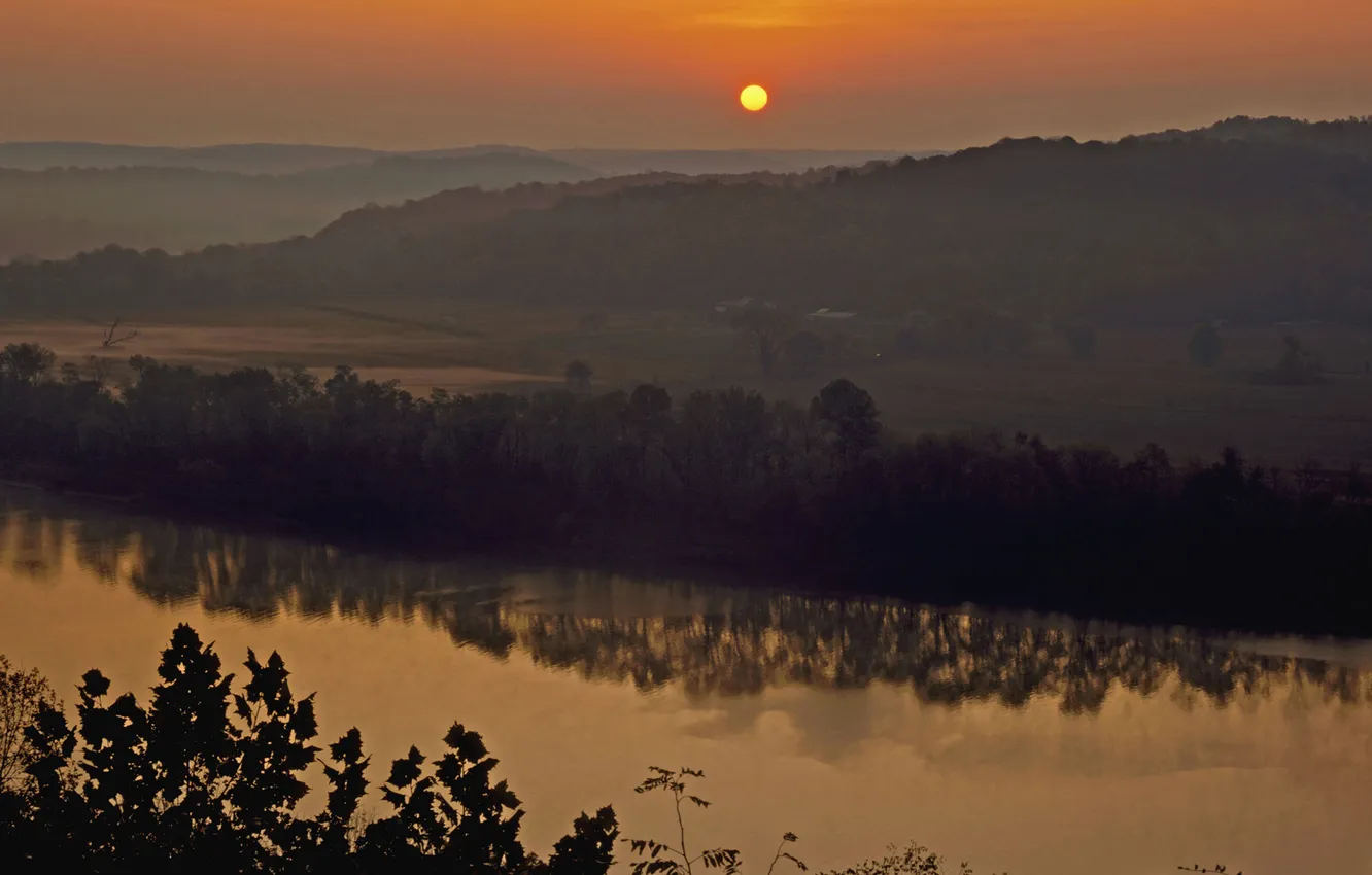 Photo wallpaper field, the sky, water, the sun, trees, sunset, nature, reflection