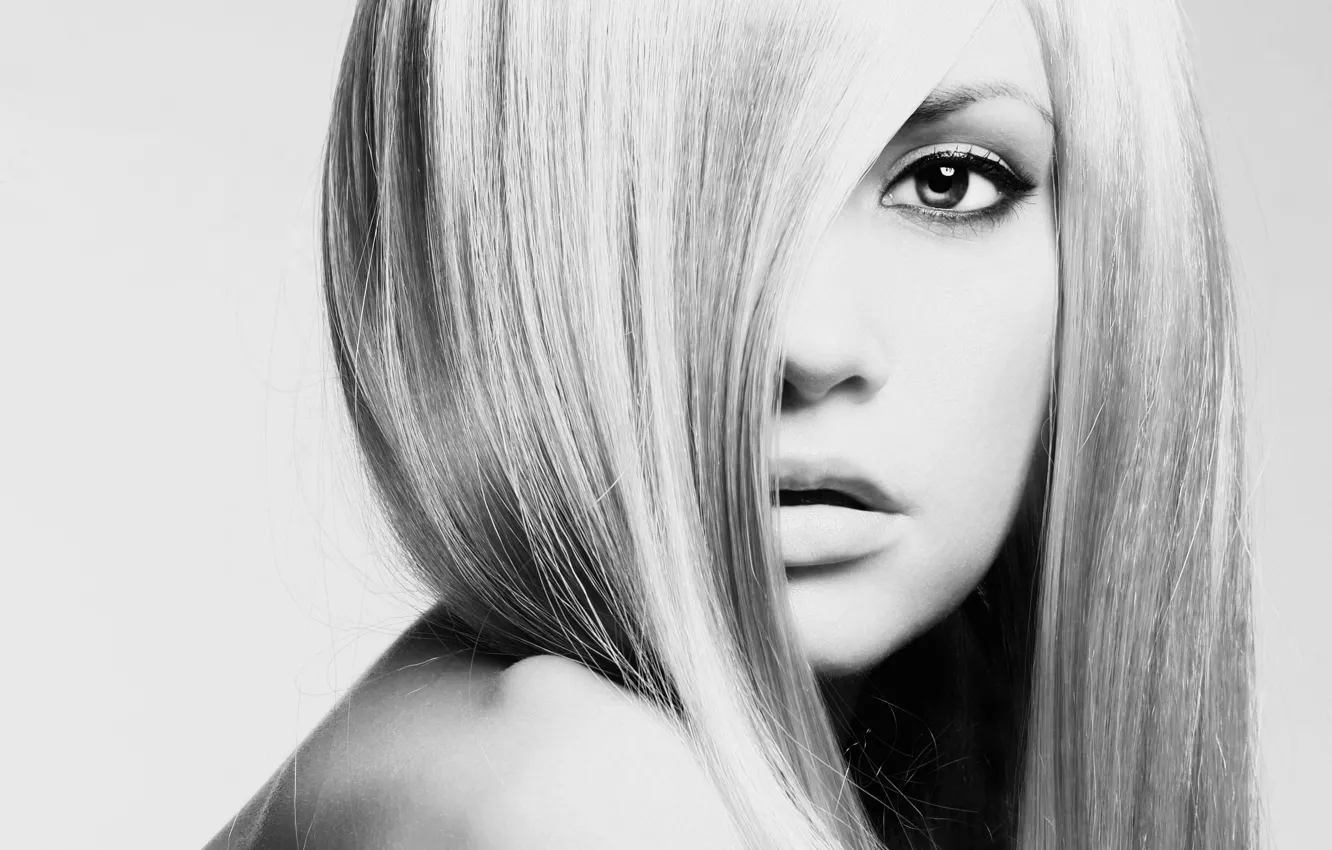 Photo wallpaper eyes, look, girl, face, background, hair, black and white, blonde