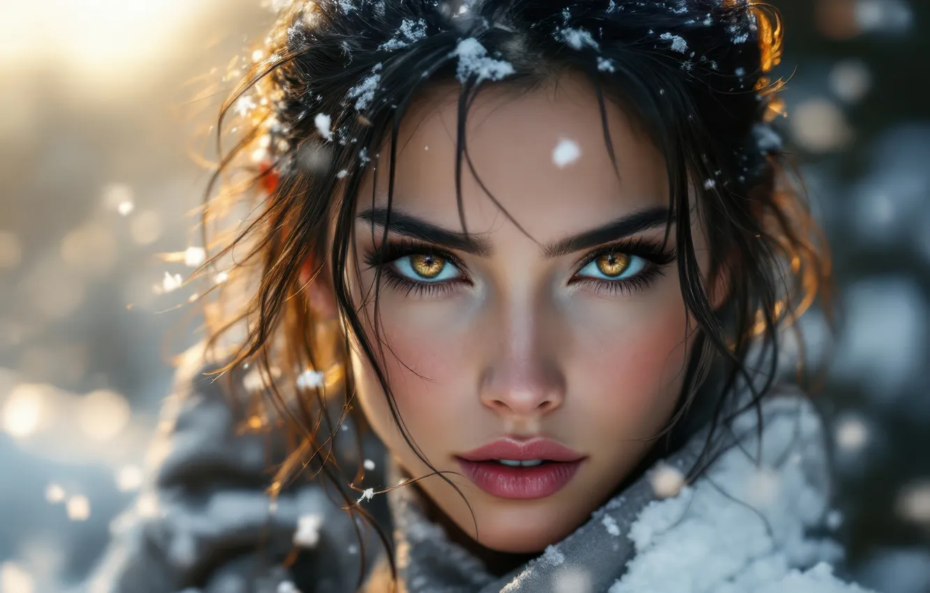 Photo wallpaper winter, look, girl, light, snow, nature, face, portrait