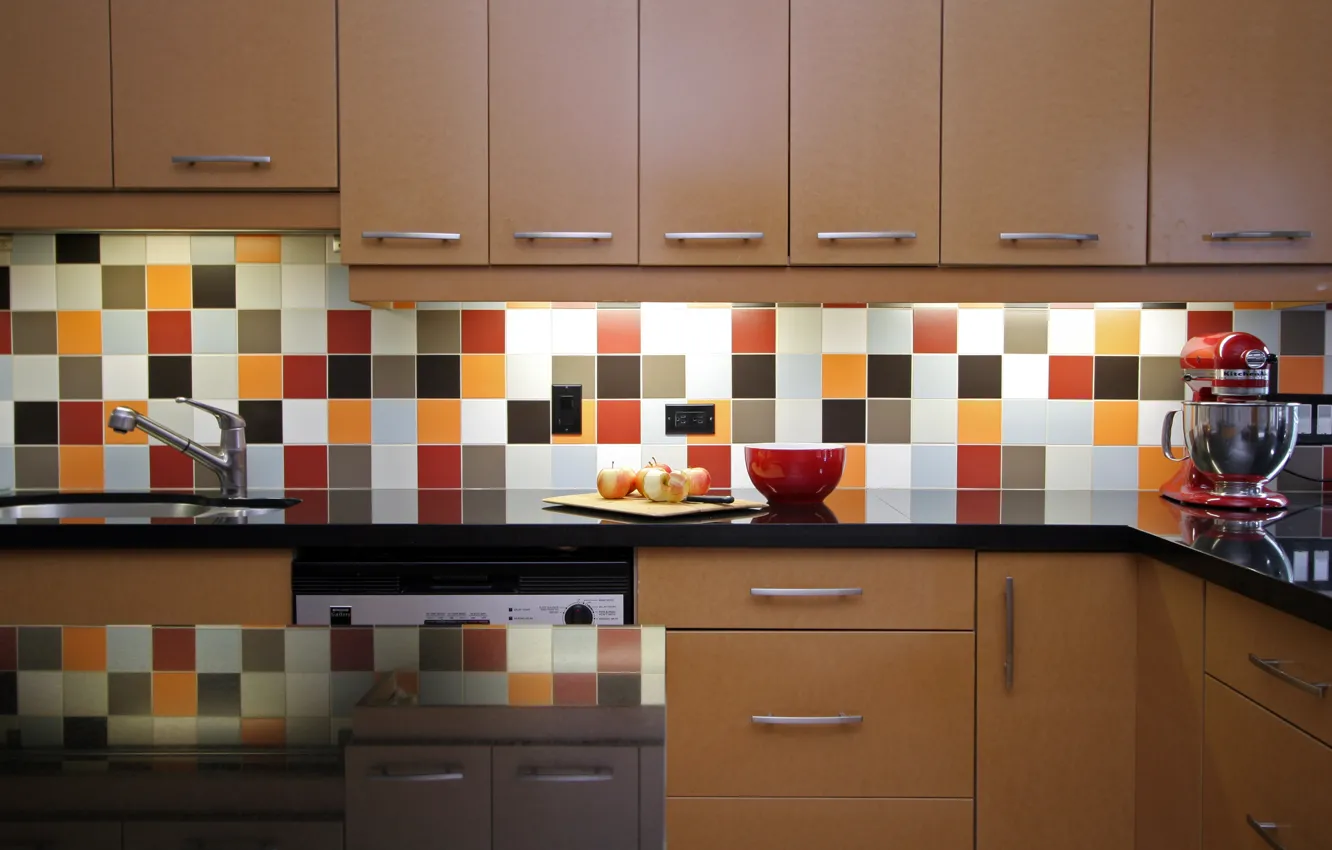 Photo wallpaper tile, apples, plate, kitchen, plate, wardrobe, bowl