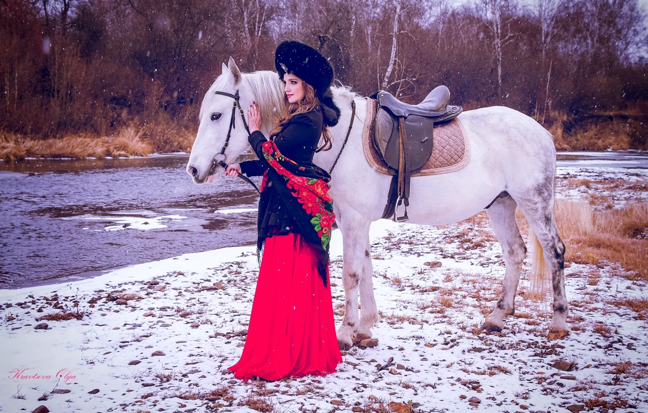 Photo wallpaper winter, girl, hat, horse, dress, shawl
