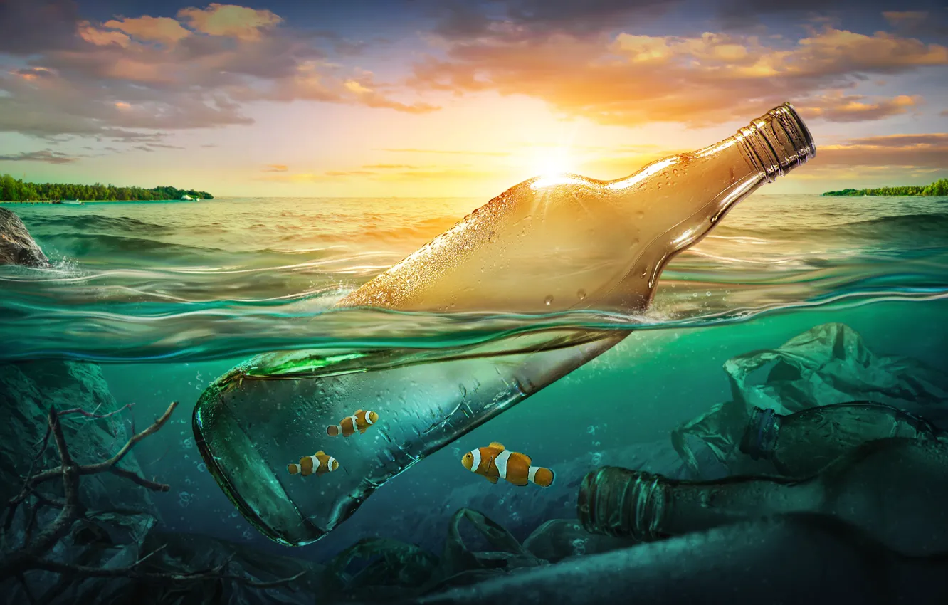 Photo wallpaper sea, fish, garbage, the ocean, bottle, pollution, sea, ocean