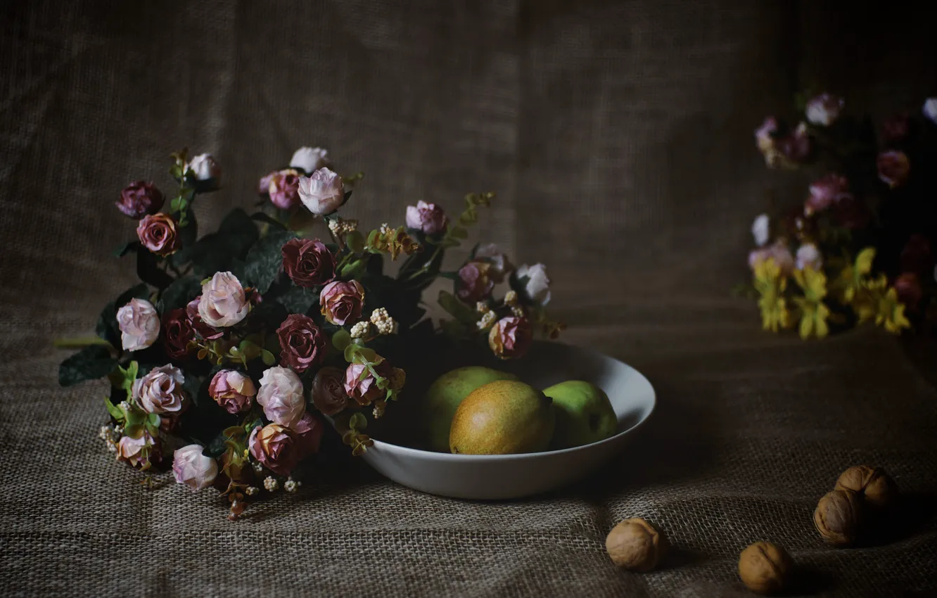 Photo wallpaper flowers, roses, bowl, nuts, still life, pear, burlap, walnut
