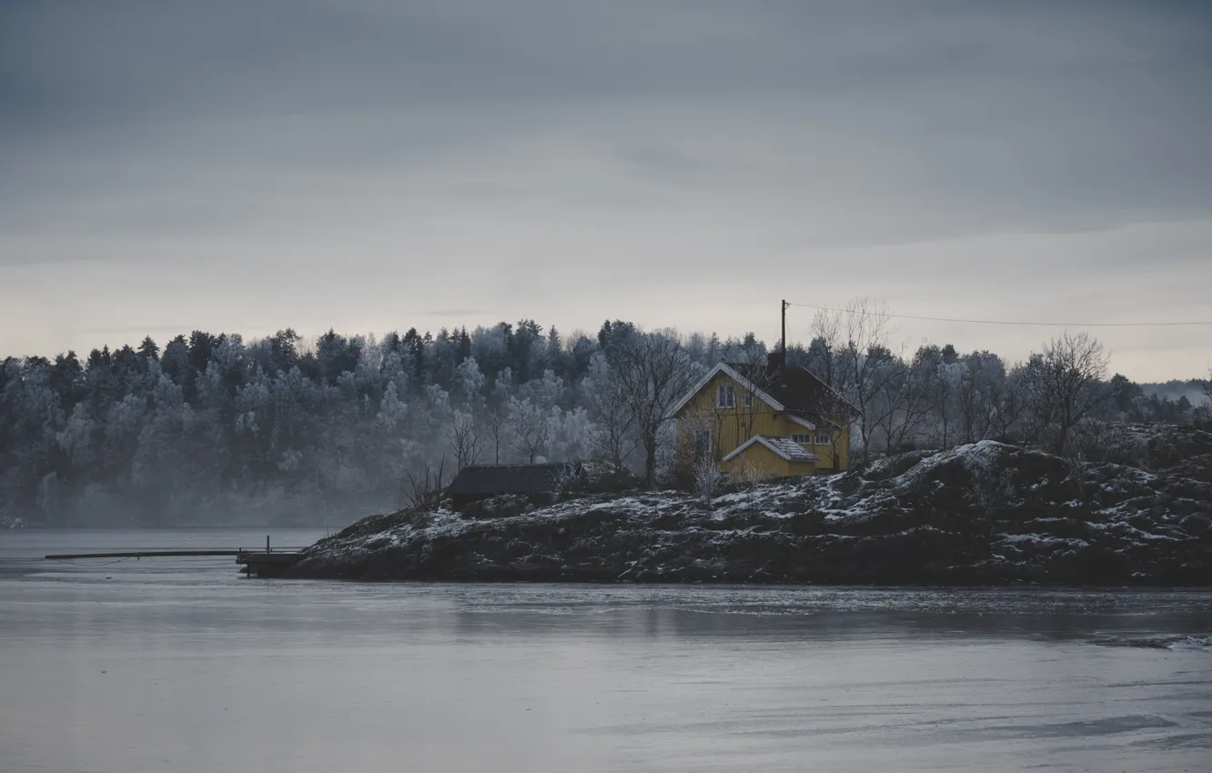 Photo wallpaper Frozen, ice, house, storm, river, trees, nature, winter