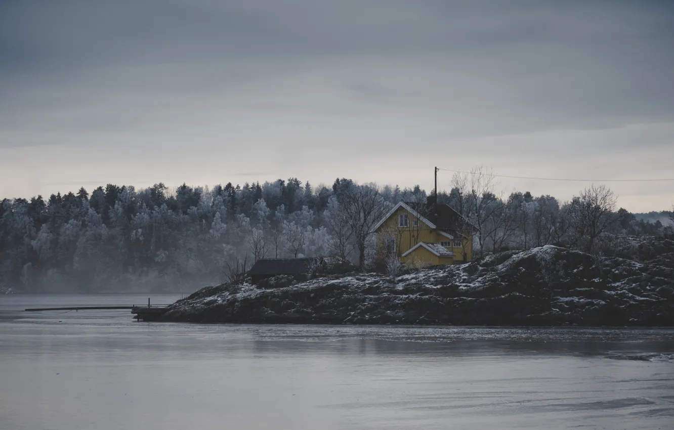 Photo wallpaper ice, house, storm, river, trees, nature, winter, lake