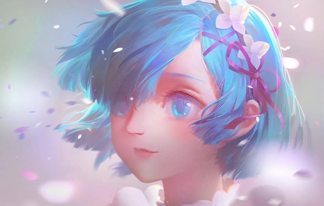 Photo wallpaper girl, petals, blue hair, Rem, Re:zero kara hajime chip isek or seikatsu