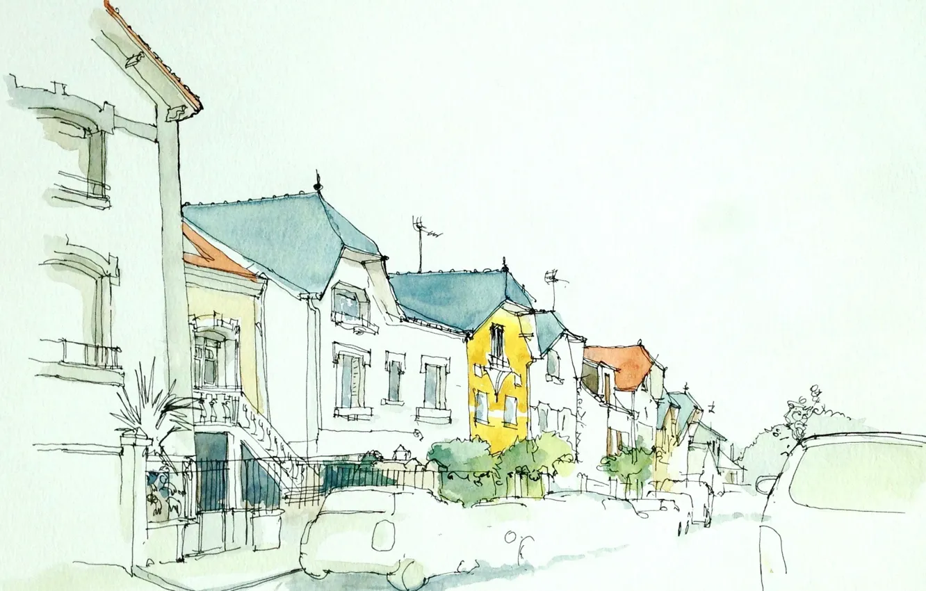 Photo wallpaper the city, street, figure, home, watercolor, car