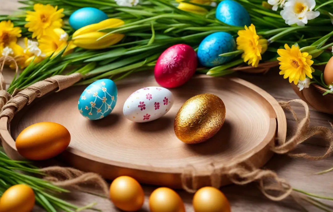 Photo wallpaper flowers, eggs, spring, colorful, Easter, happy, flowers, spring