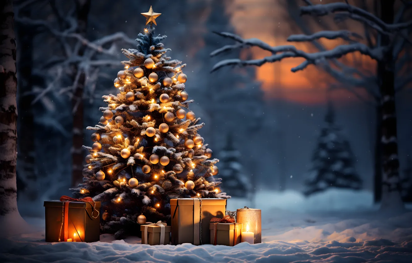 Photo wallpaper winter, forest, snow, decoration, night, lights, gift, tree
