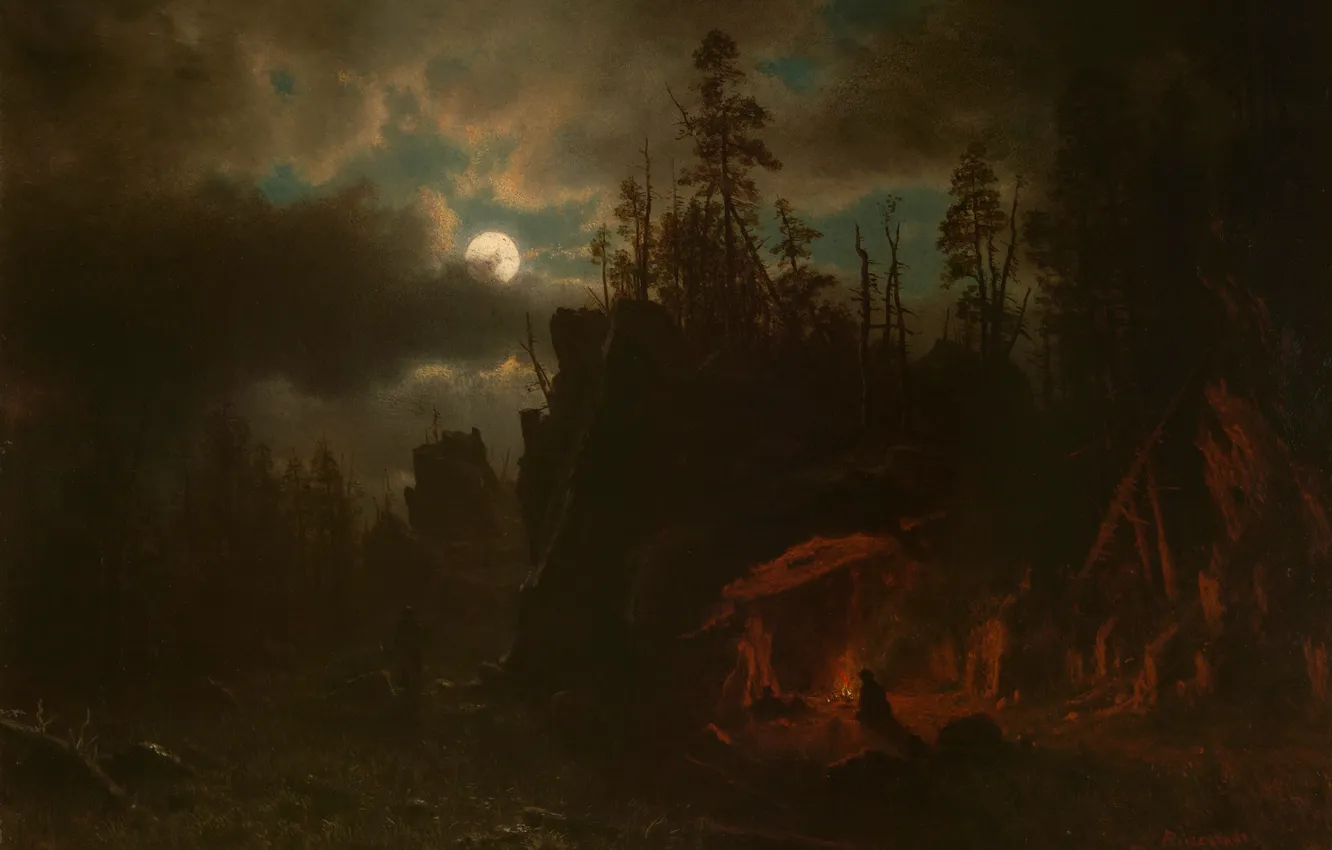 Photo wallpaper landscape, night, picture, The moon, Albert Bierstadt, The Camp Of Hunters