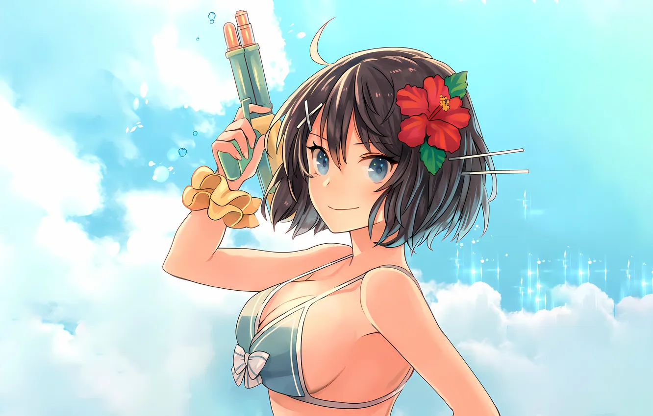 Photo wallpaper girl, sexy, cleavage, flower, sky, boobs, sexy girl, anime